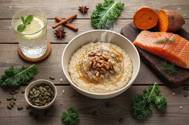 Omega-3 aus Lachs, Zink aus Kürbiskernen, Vitamin A aus Süßkartoffeln: Winterernährung, die der Haut guttut