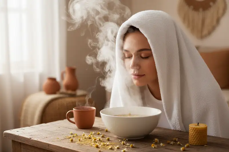 Ein Kamillendampfbad öffnet die Poren und bereitet die Haut optimal auf die anschliessende Pflege vor