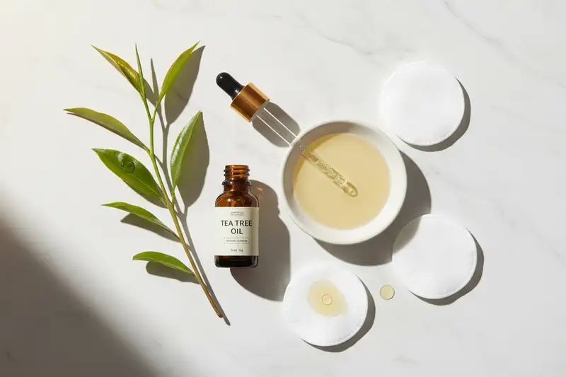 Teebaumöl verdünnt mit Trägeröl auftragen: so entfaltet das ätherische Öl seine antibakterielle Wirkung, ohne die Haut zu reizen